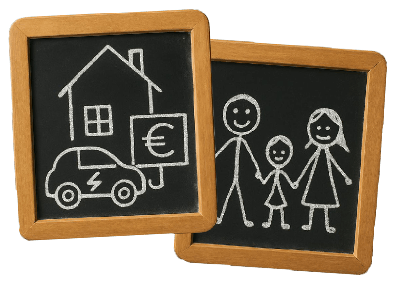 Links ist eine kleine Tafel mit einer Skizze von Haus, Auto mit Blitzsymbol (Elektroauto) und einem Euro-Zeichen. Rechts ist eine zweite Tafel mit einer gezeichneten Familie (drei Personen), die sich an den Händen halten.